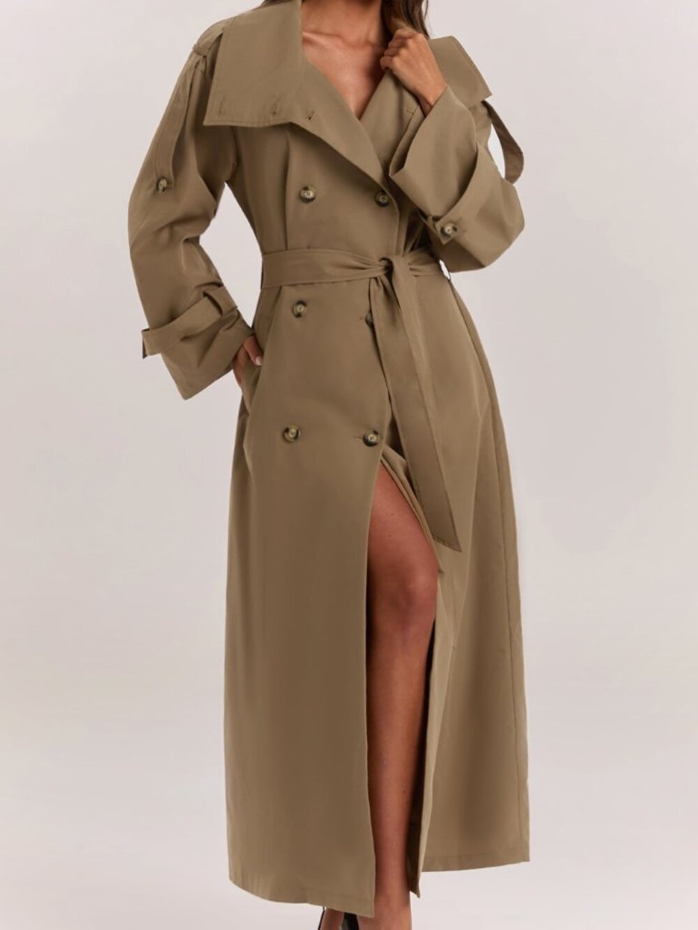 Khaki Elegant Women's Double-Breasted Long Oversized Trench Coat - Picture 6 of 7